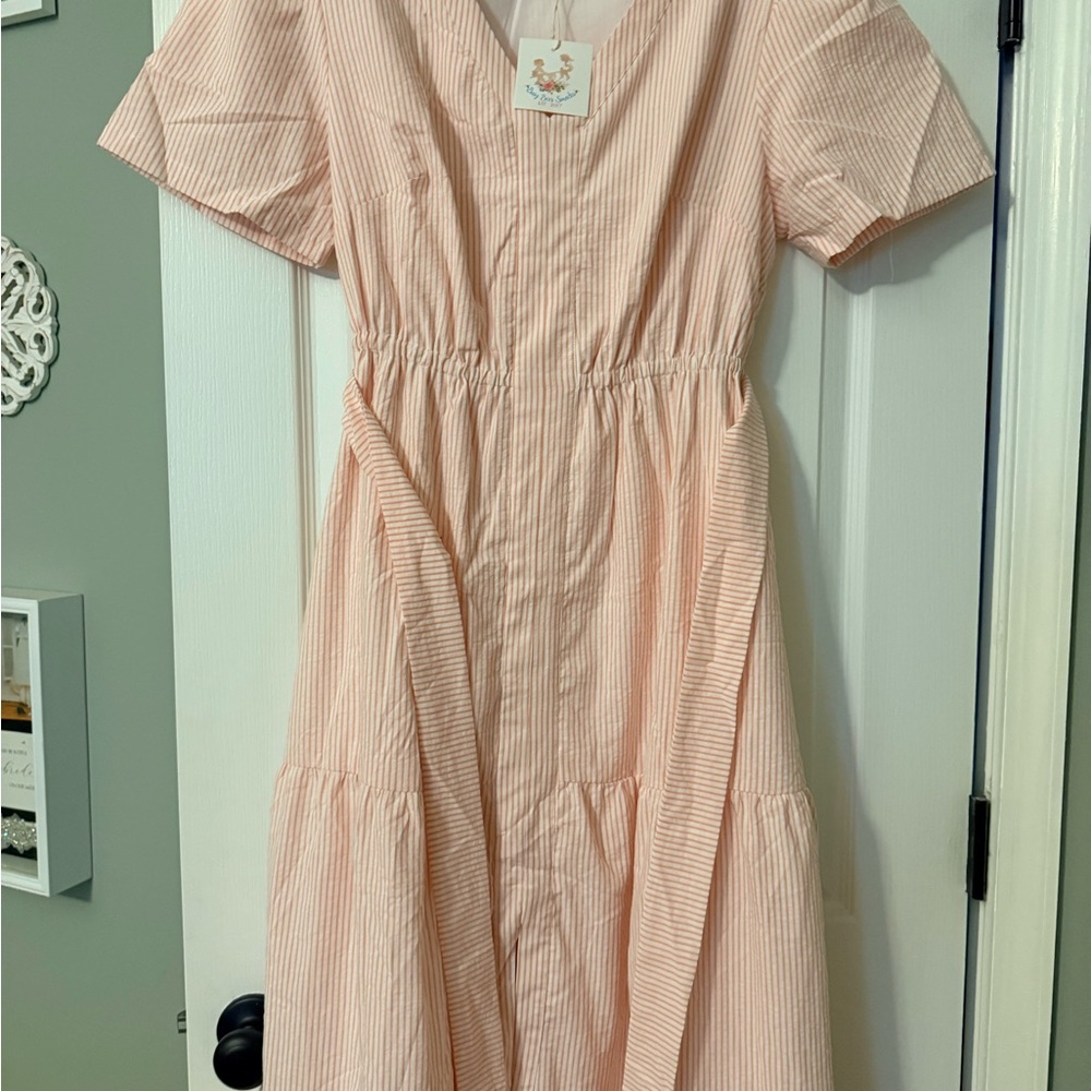 Women's Pink Striped Maxi Dress with V-Neck and Tiered Skirt